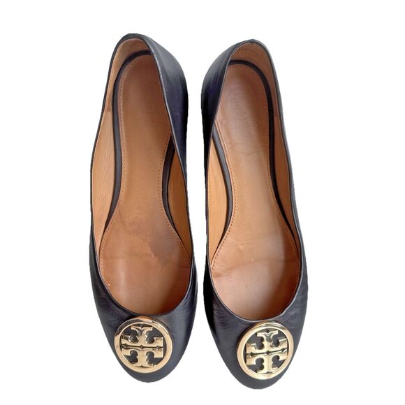 Tory Burch Claire Size 8.5 Black Nappa Leather Gold Tone Ballet Flats - Picture 9 of 12